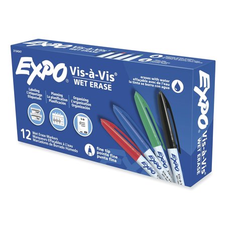 EXPO Vis-a-Vis Wet Erase Marker, Fine Bullet Tip, Assorted, PK12, 12PK 2134347